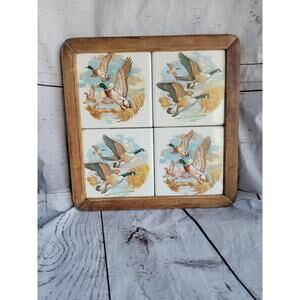 Vintage MCM Mallard Duck Flying on Pond Rustic Cabin Wall Art Tile Trivet 10x10
